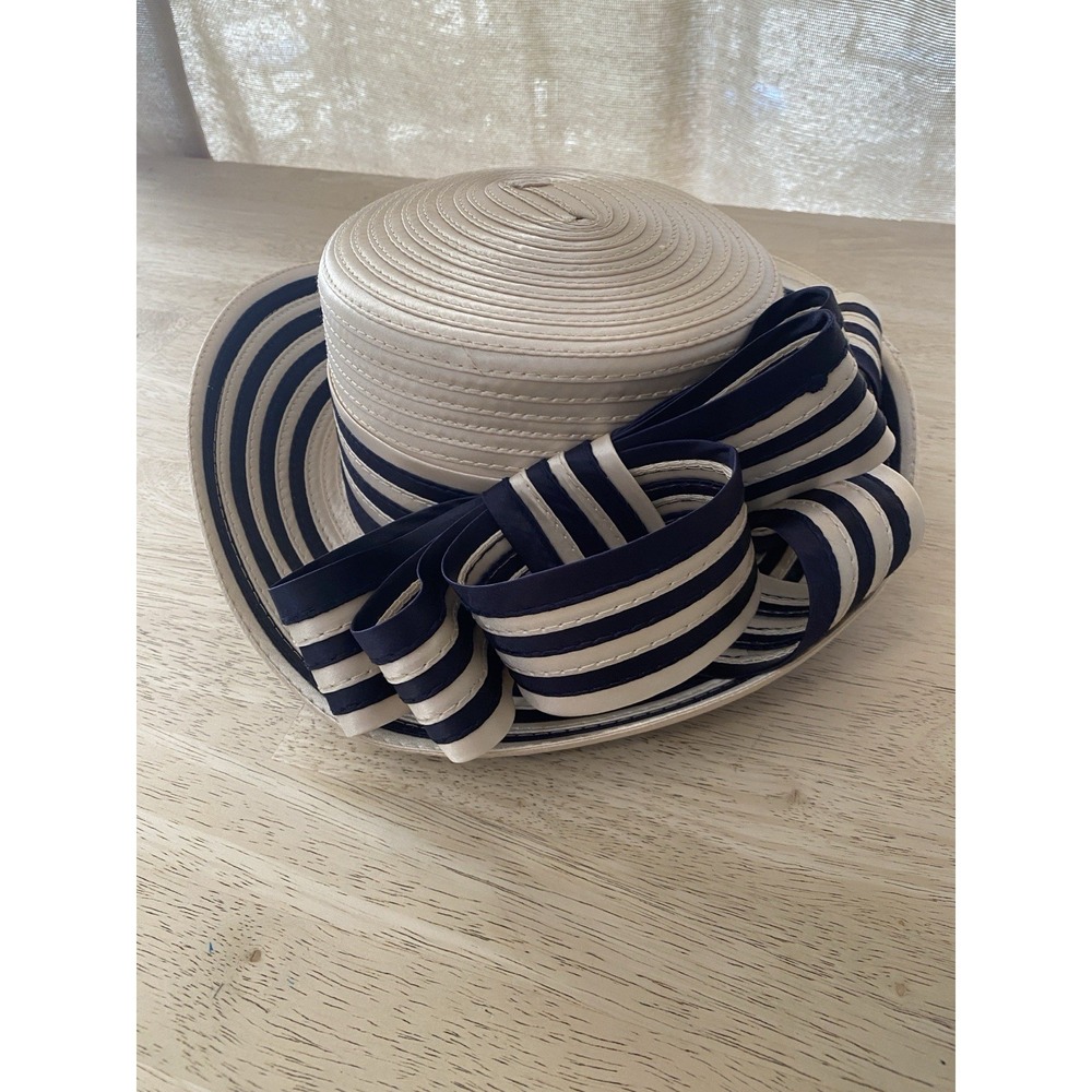 Vtg Cream Satin Ribbon Coiled Derby Hat Navy Stripe Bow Cocktail Tea Party 7"